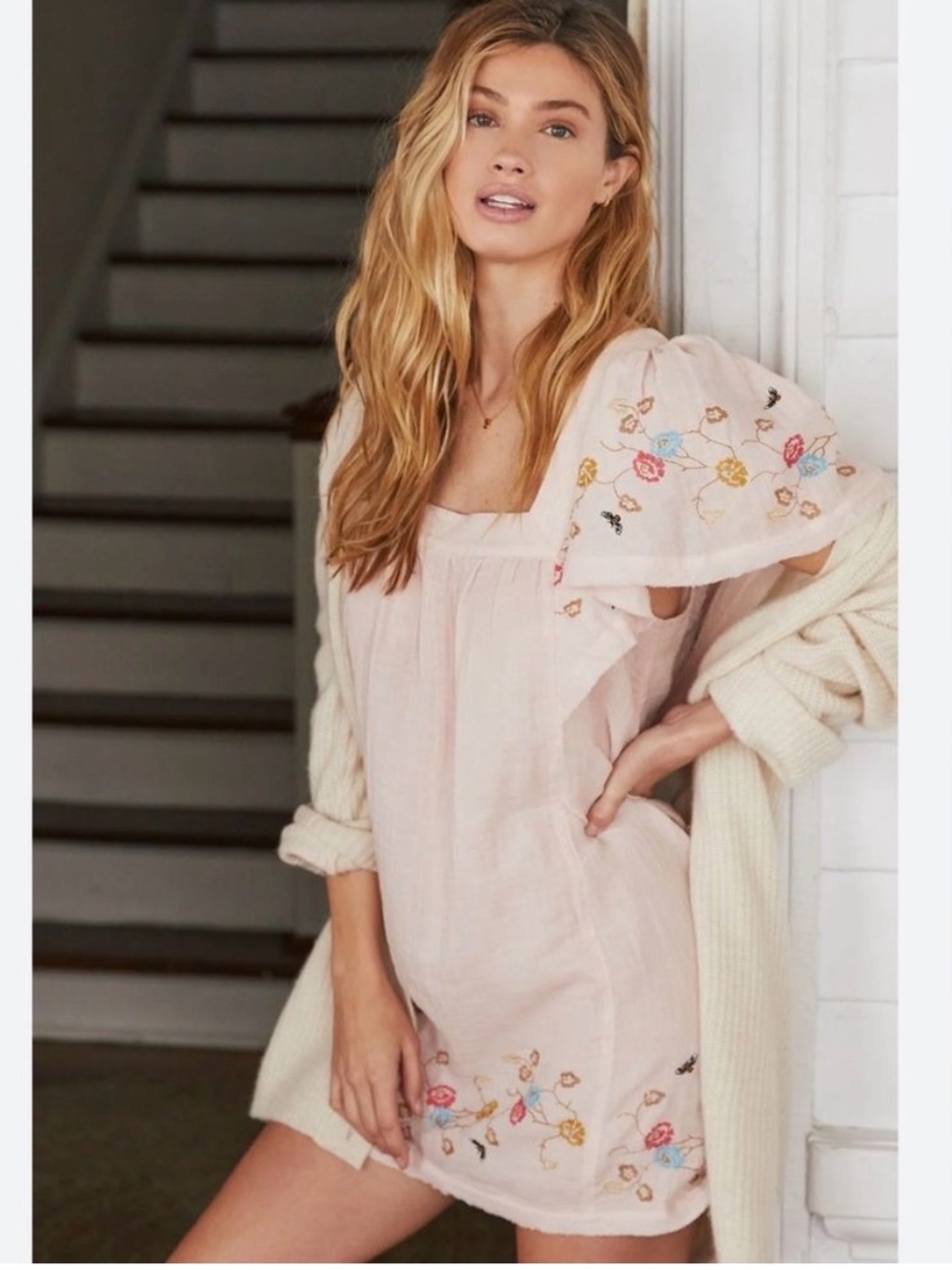 Anthropologie Yvette Embroidered Lounge Dress Pink Medium